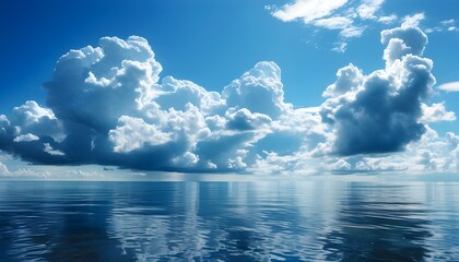 Serene seascape under a vibrant sky adorned with fluffy blue clouds