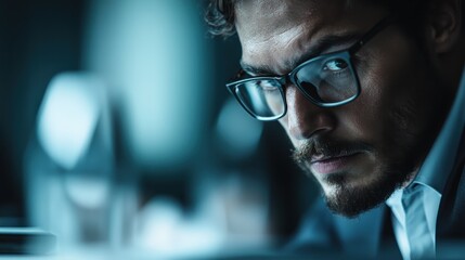 A close-up view shows a person deeply engrossed in studying printed documents at a desk, reflecting focus, diligence, and intense concentration in a professional setting.