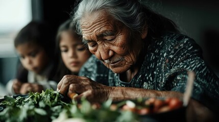 An elderly woman carefully prepares herbs and greens with two children beside her, highlighting a generational connection through traditional practices.