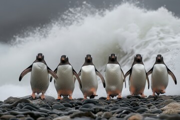 Penguins standing on rocky shore with crashing waves