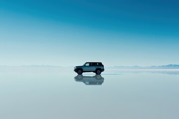 Rugged SUV on a serene salt flat landscape