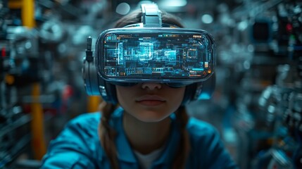 Poster - A woman wearing a virtual reality headset is looking at a computer screen