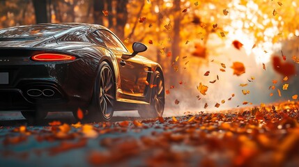 Black sports car on the road in the autumn forest with falling leaves