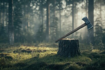 Poster - Axe embedded in tree stump in misty forest