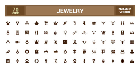 Aufkleber - Set of jewelry icons collection. Simple solid art style icon pack. Filled glyph set for web and ui. Solid icons set. Vector illustration.