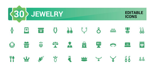 Aufkleber - Set of jewelry icons collection. Simple solid art style icon pack. Filled glyph set for web and ui. Solid icons set. Vector illustration.