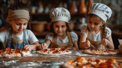 Wall Mural - Three young girls are making pizzas in a kitchen