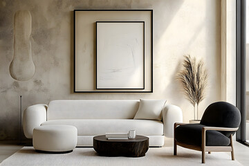 Wall Mural - Japandi, minimalist interior design of modern living room. Sofa and armchair against beige stucco wall with frame.