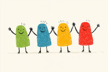 four colorful friendly characters holding hands, white isolated background.