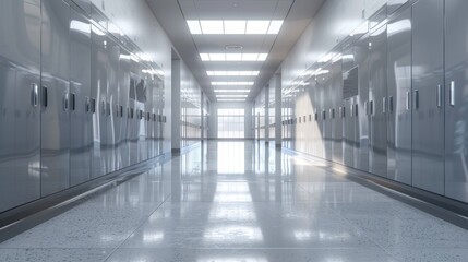 Canvas Print - A large, empty hallway with metal doors and windows