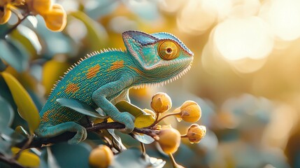 Wall Mural - tropical forest scene with a green chameleon perched on a branch in daylight, showing its unique cam