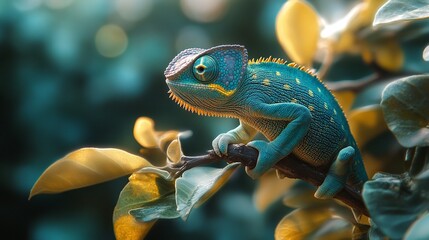 Wall Mural - tropical forest scene with a green chameleon perched on a branch in daylight, showing its unique cam