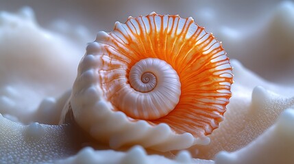 A close-up of a small seashell with a white and orange spiral pattern, resting on a white textured surface.