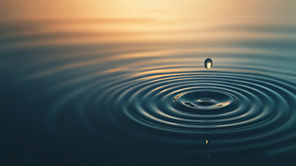 Poster - Single water drop is making perfect concentric ripples on a blue water surface with a warm sunset in the background