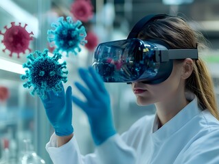Poster - Woman with VR headset interacting with virus model