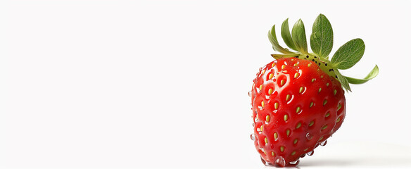 Single one strawberry isolated on white background, wet fruit with water drops in advertisement style with copy space