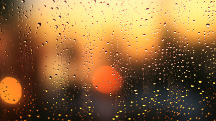 Poster - Raindrops creating a beautiful bokeh effect on a window pane during a rainy sunset
