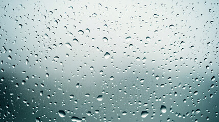 Poster - Raindrops forming on window on rainy day, creating stunning texture glistening in light, reflecting blue hues outside