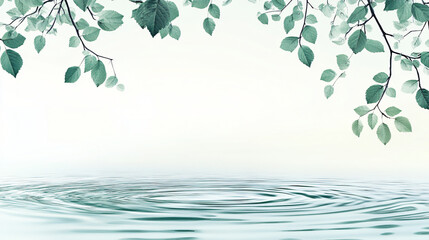 Poster - Green leaves framing a peaceful water surface with expanding concentric ripples