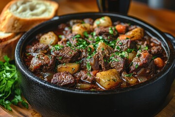 hearty beef bourguignon in a cast iron pot with crusty bread set against a rustic kitchen backdrop evoking warmth and comfort through their rich textures and colors