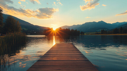 Poster - Sunset over a lake with a wooden pier and silhouetted mountains reflected in the water