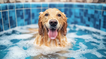 Wall Mural - happy golden retriever swimming in pool