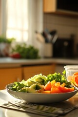 Sticker - A vibrant salad with fresh vegetables on a kitchen table, illuminated by natural light.