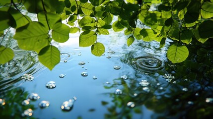 Canvas Print - Tranquil pond with rippling water and lush green leaves