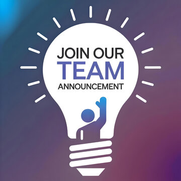 A young man raising his hand inside a light bulb icon with the text _JOIN OUR TEAM ANNOUNCEMENT against a mixed blue background