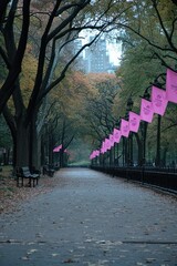 Sticker - A tranquil pathway lined with trees and pink banners in a park during autumn.