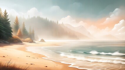 Tranquil beach landscape with gentle waves and misty mountains in the background at dawn, foggy morning