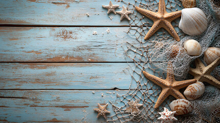 Poster - Charming scene with starfishes and seashells on blue wooden planks evokes memories of summer beach vacations. Vintage coastal decor perfect for design projects