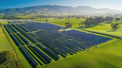 A sprawling solar cell farm on a bright day, surrounded by a realistic landscape of green grass, clear skies, and distant hills