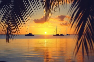 Wall Mural - Serene sunset over tropical paradise with sailboats