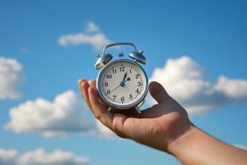 hand holding alarm clock against blue sky with clouds