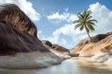 Wall Mural - Tropical beach with palm tree and rocky coastline