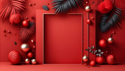 Canvas Print - Vibrant red backdrop adorned with an array of shimmering gold and red spheres