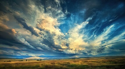 Wall Mural - Dramatic Sky Over Expansive Grassland with Rolling Hills and Distant Mountains at Sunset