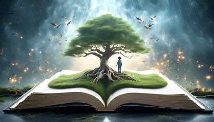 whimsical illustration of an open book featuring a tree surrounded by flying birds