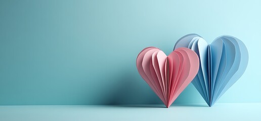 Two paper hearts, one pink, one blue, stand against a light blue background.