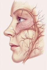 Sticker - Illustration of human facial anatomy highlighting veins and muscles.