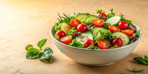 Fresh salad with lettuce, tomatoes, cucumbers, and herbs in a bowl. Banner, background for healthy eating, cooking, vegetarian meals with copy space