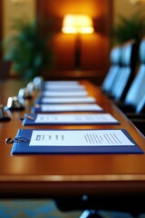 A conference room setup with documents on a table, ready for a meeting.