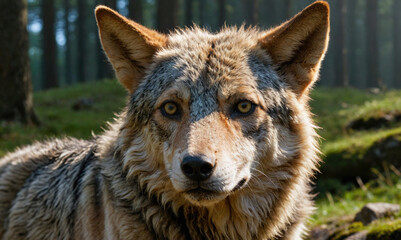 Wall Mural - a wolf stares intently at the camera in a forested area