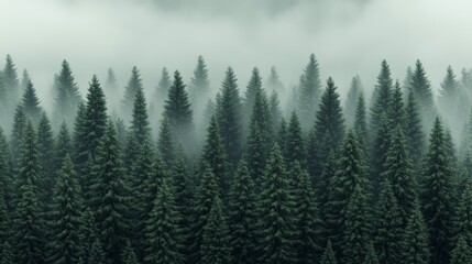 Wall Mural - a dense forest of tall evergreen trees shrouded in mist, creating a mysterious and atmospheric scene
