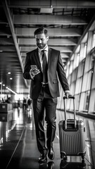 Businessman with trolley and smartphone at airport