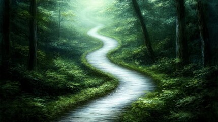Wall Mural - a winding path through a lush green forest leads towards a bright light in the distance.