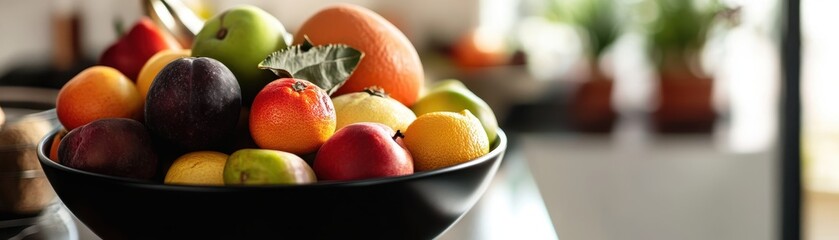 Fresh and Vibrant Assorted Fruits in a Black Bowl on a Modern Kitchen Counter