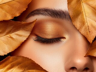 Close-up of a woman's eye with autumn leaves. Golden eye shadow and long lashes.