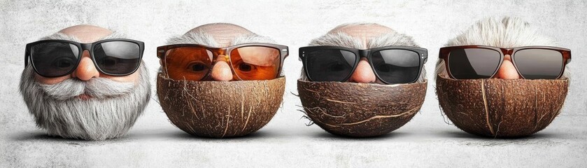 Four coconuts wearing sunglasses.